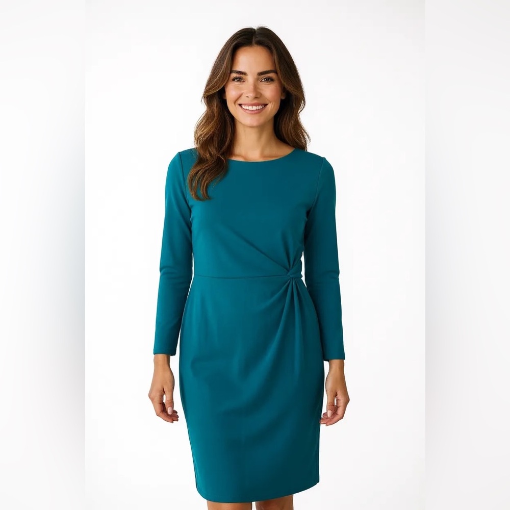 Donna Morgan Women's Sz 12 Long Sleeve Sheath Dress Lagoon Teal Side Twist